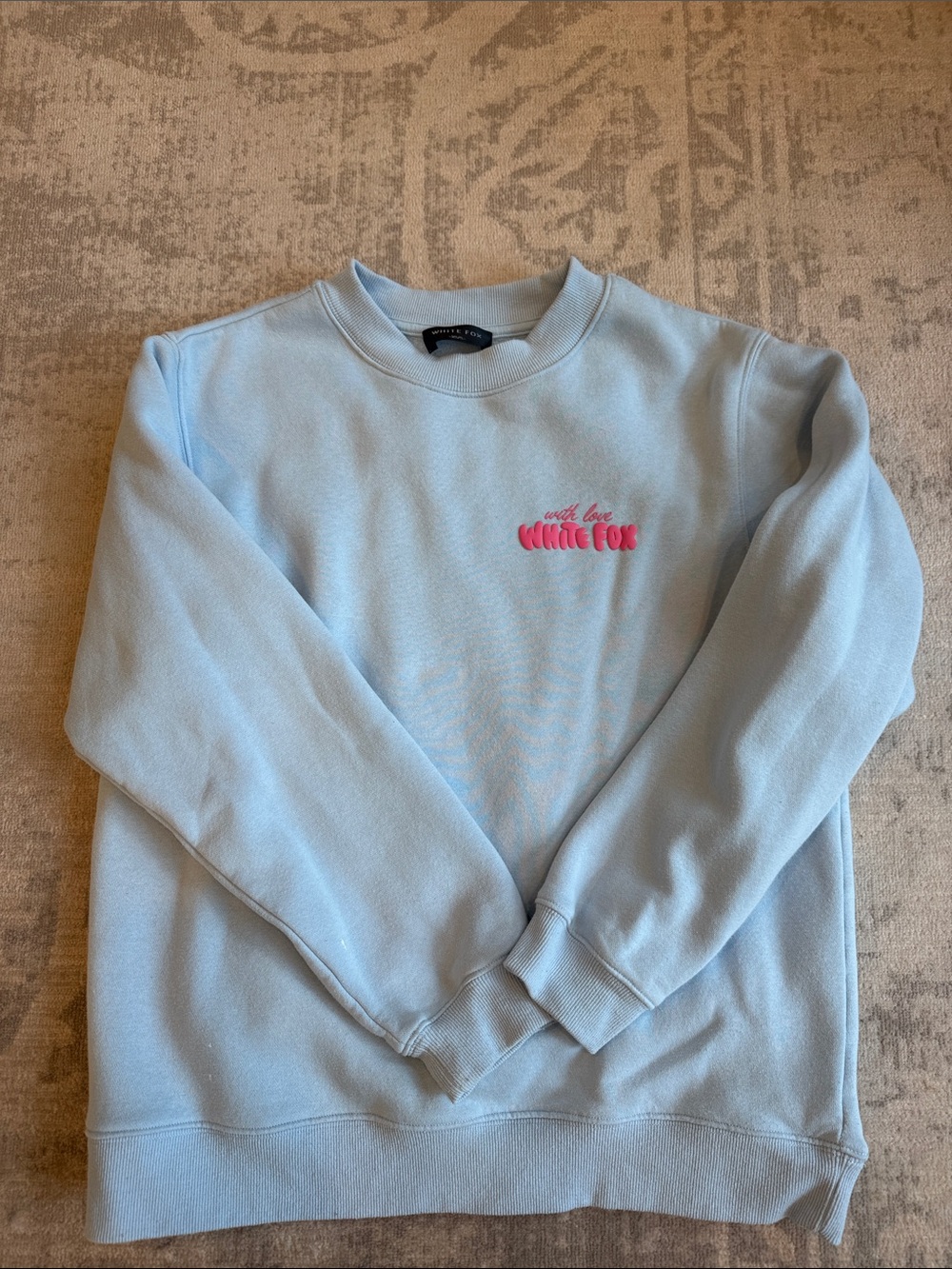 White Fox Boutique Pastel Blue Crewneck with Pink Logo